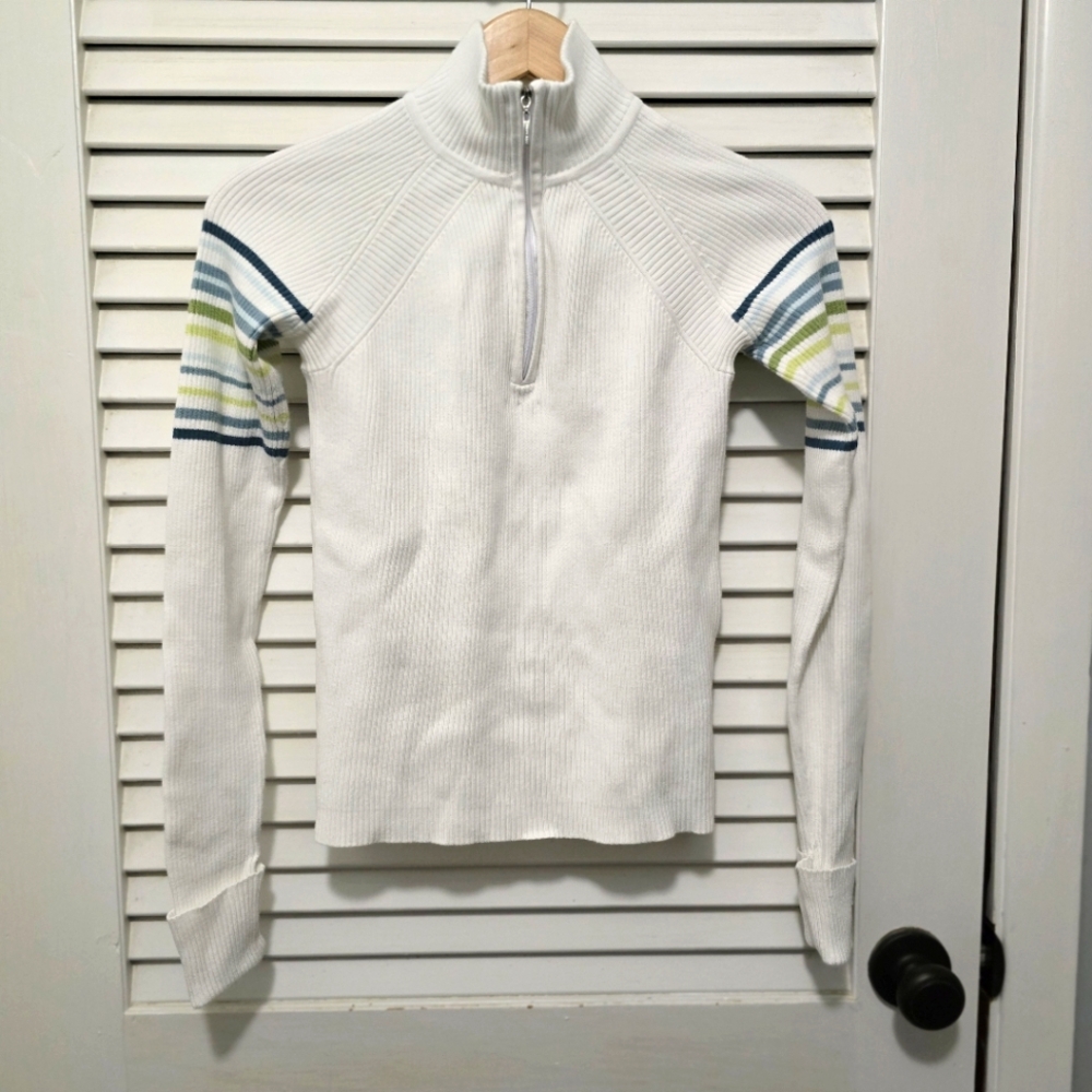 Stylish White Sweater with Blue and Green Stripes